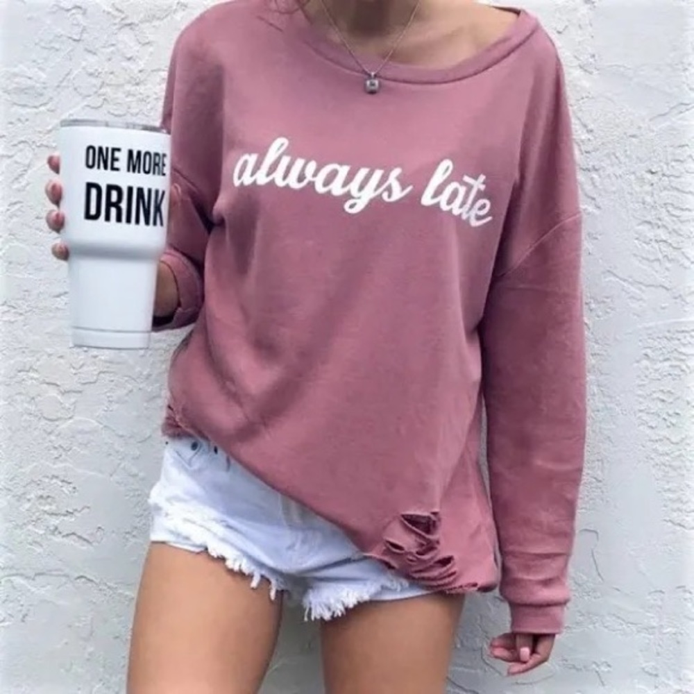 JORDANN XL Always Late Ragged Boat Neck Sweatshirt Oversize
